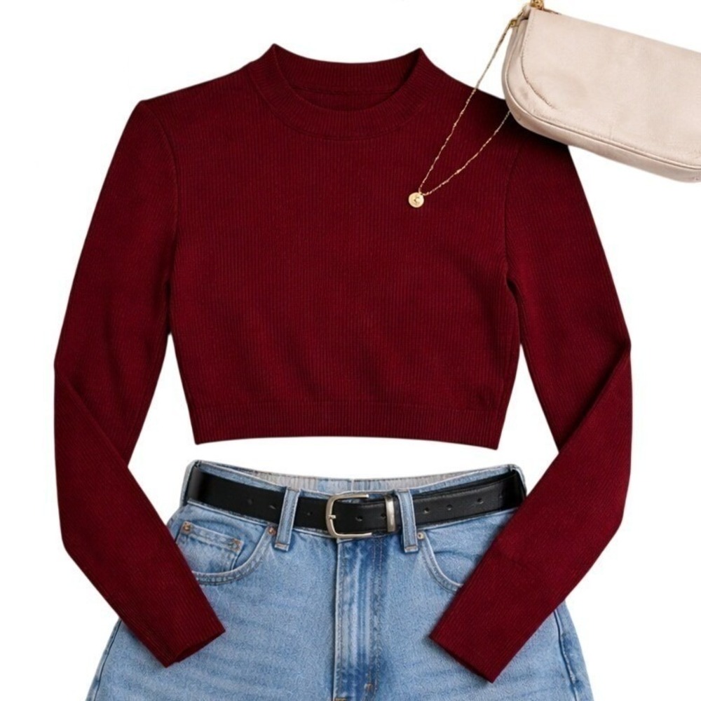 Forever 21 Ribbed Mock Neck Long Sleeve Crop Burgundy Sweater Y2K Medium